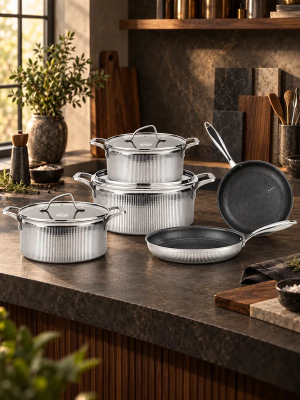 UAKEEN stainless steel cookware in a design atelier