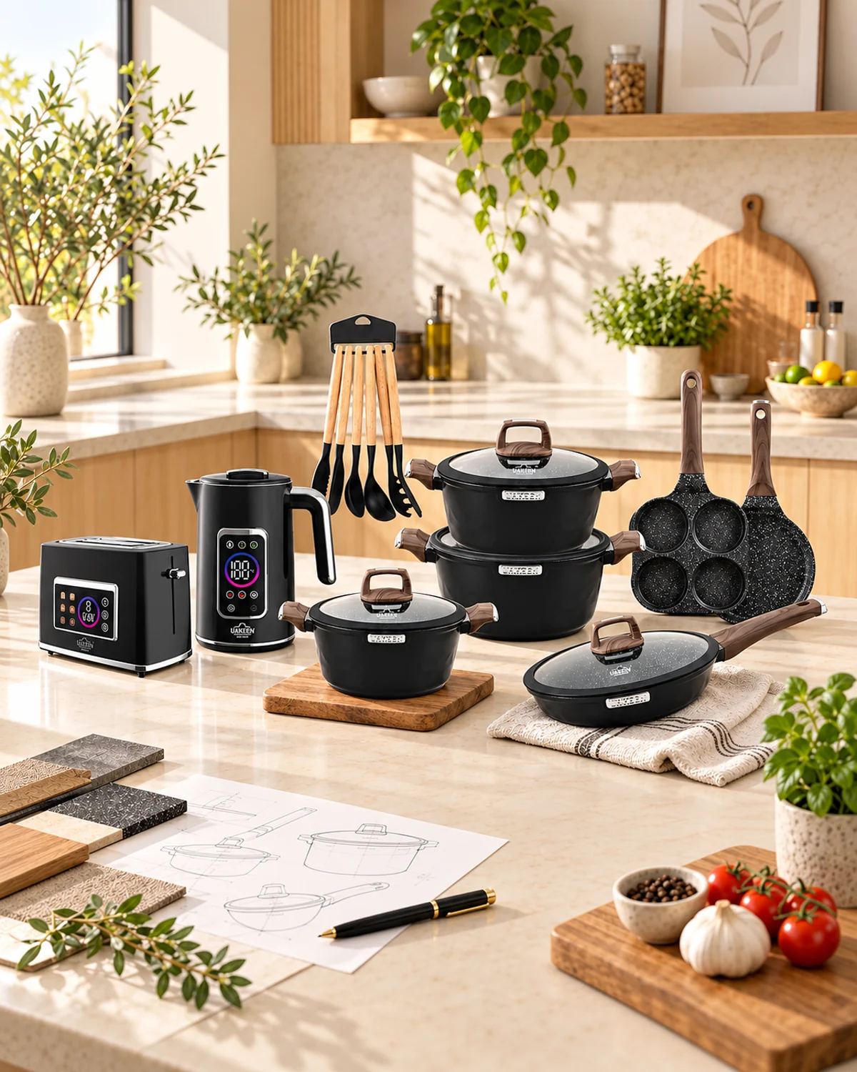 Full UAKEEN black cookware and appliance range in a product development kitchen