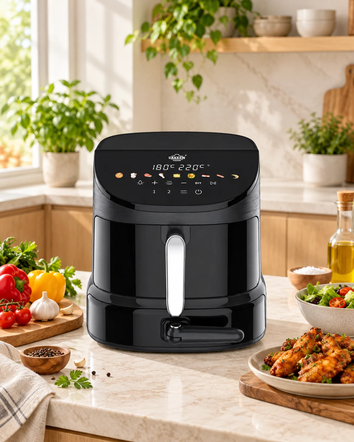 UAKEEN black air fryer in a bright natural kitchen